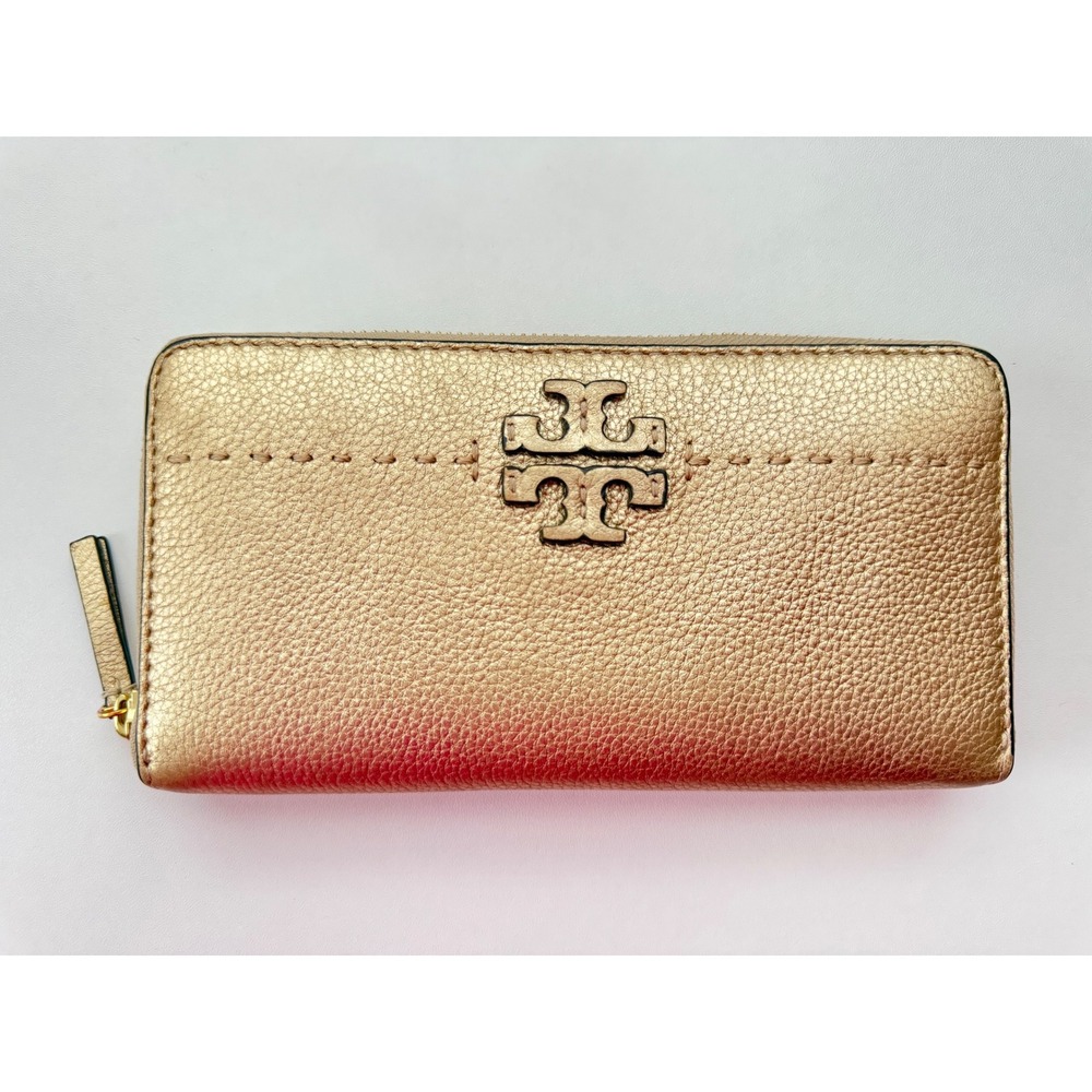 Tory Burch McGraw Zip Continental Wallet Gold Metallic Pebbled Leather Long